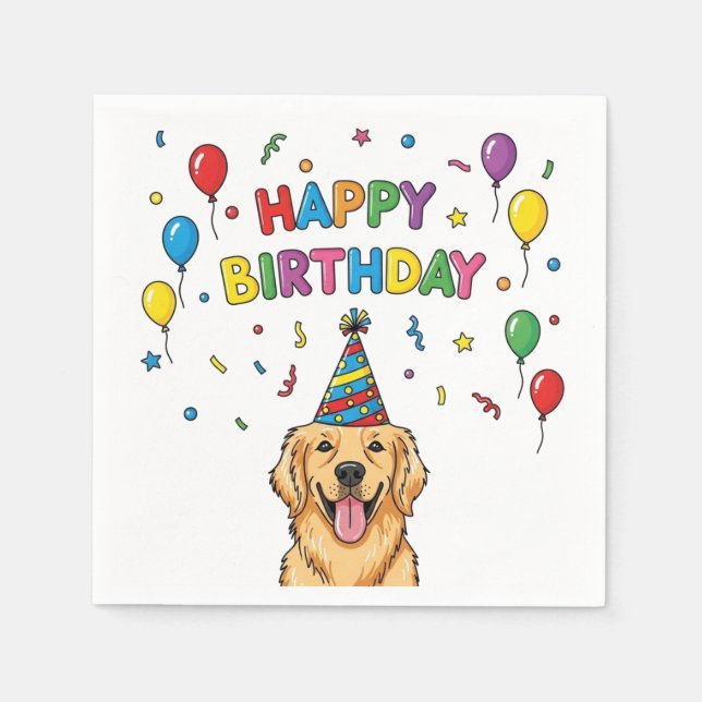  Golden Retriever Dog Doodle Happy Birthday  Napkin (Front)