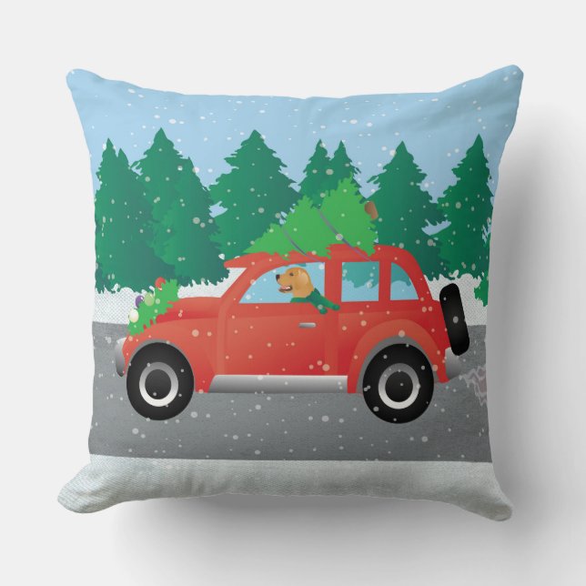 Golden Retriever Dog Driving a Car - Tree on Top Cushion (Front)