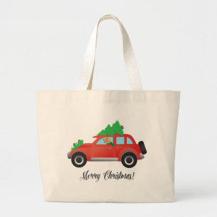 Golden Retriever Dog Driving a Car - Tree on Top Large Tote Bag