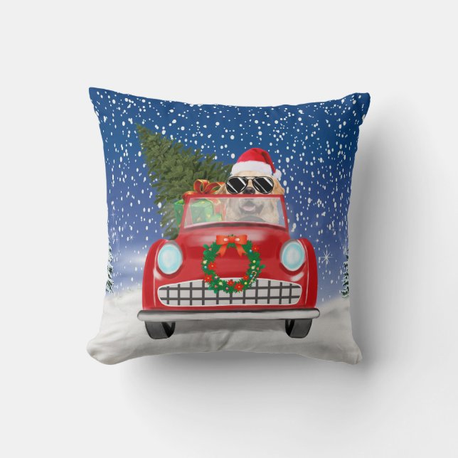 Golden Retriever Dog Driving Car In Snow Christmas Cushion (Front)