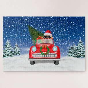 Golden Retriever Dog Driving Car In Snow Christmas Jigsaw Puzzle
