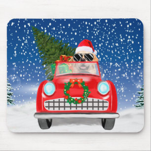 Golden Retriever Dog Driving Car In Snow Christmas Mouse Pad
