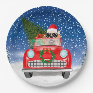 Golden Retriever Dog Driving Car In Snow Christmas Paper Plate