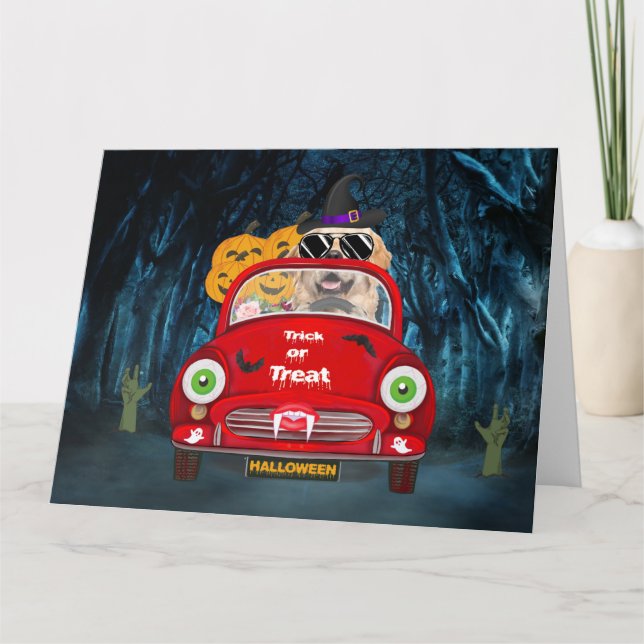 Golden Retriever Dog Driving Car Scary Halloween Card (Front)