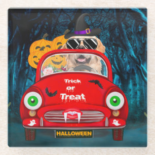 Golden Retriever Dog Driving Car Scary Halloween Glass Coaster
