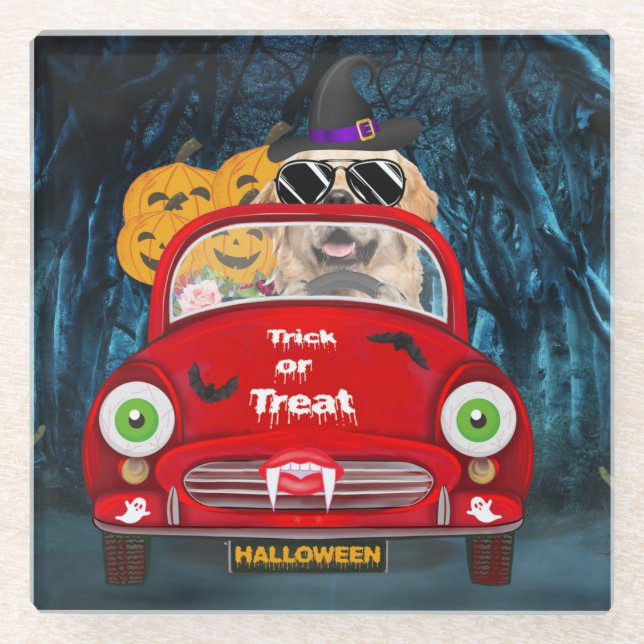 Golden Retriever Dog Driving Car Scary Halloween  Glass Coaster (Front)