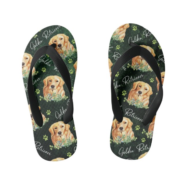 Golden Retriever Dog, Eucalyptus Leaves, Paw Print Kid's Jandals (Footbed)
