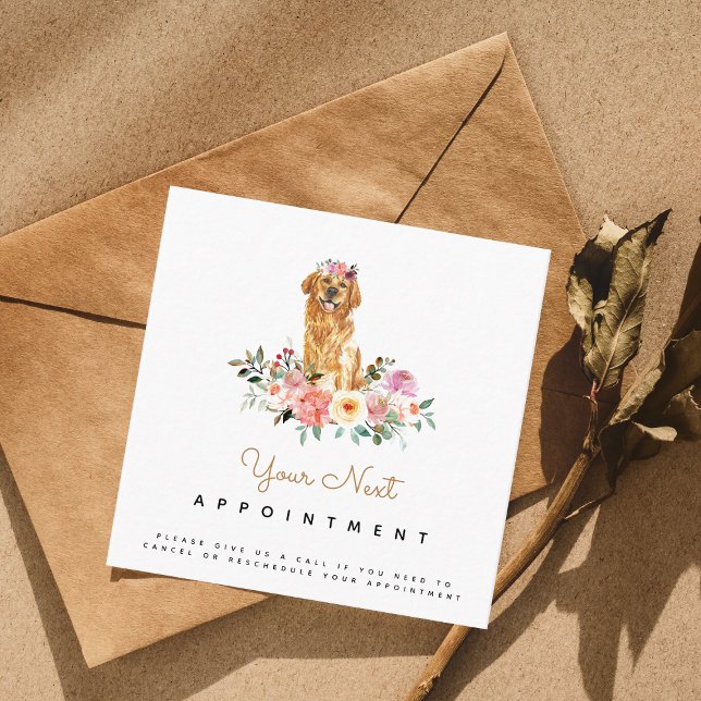 Golden Retriever Dog Floral Appointment Reminder Square Business Card (Creator Uploaded)