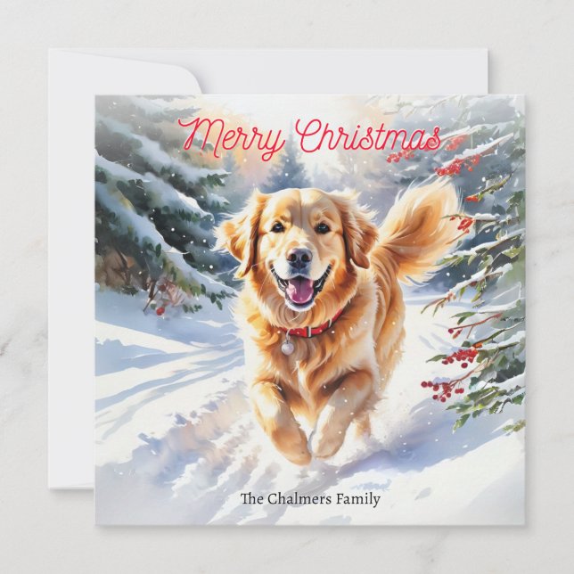 Golden Retriever Dog Goldie In Snow Christmas Holiday Card (Front)
