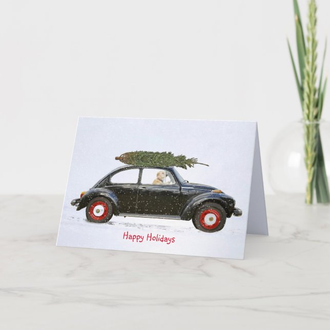 Golden Retriever dog in old car with holiday tree Card (Front)