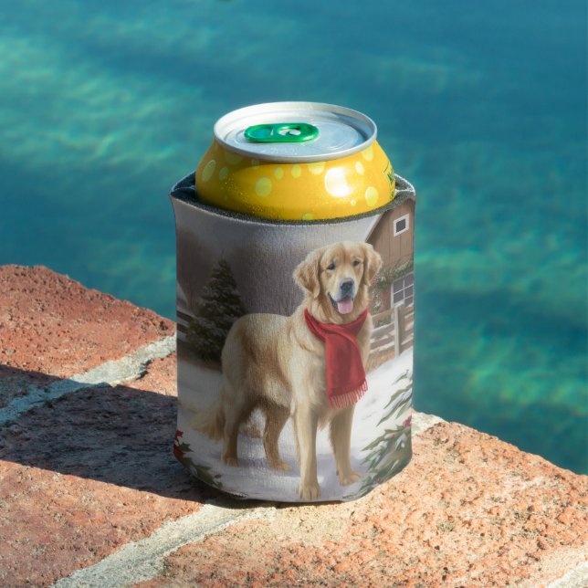 Golden Retriever Dog in Snow Christmas  Can Cooler (In Situ Pool)