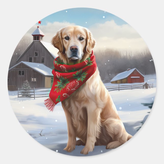 Golden Retriever Dog in Snow Christmas Classic Round Sticker (Front)