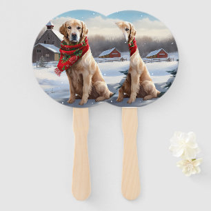 Golden Retriever Dog in Snow Christmas Hand Fan