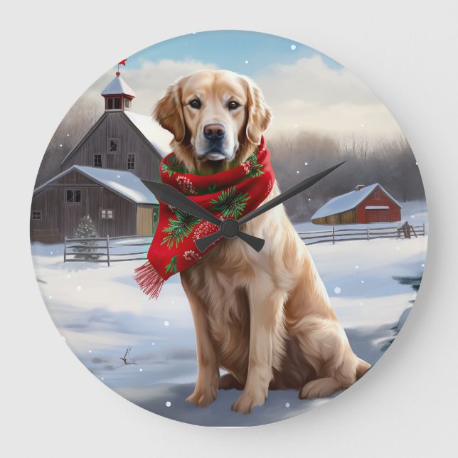Golden Retriever Dog in Snow Christmas Large Clock (Front)
