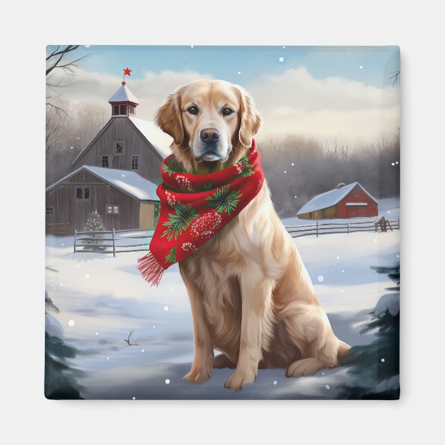Golden Retriever Dog in Snow Christmas Magnet (Front)