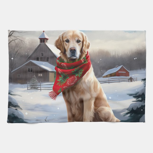 Golden Retriever Dog in Snow Christmas Tea Towel (Horizontal)