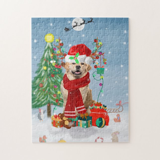 Golden Retriever Dog in Snow with Christmas Gifts  Jigsaw Puzzle (Vertical)