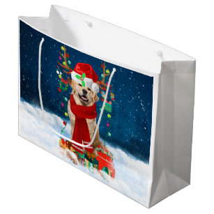 Golden Retriever Dog in Snow with Christmas Gifts  Large Gift Bag