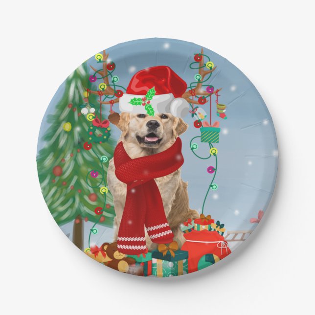 Golden Retriever Dog in Snow with Christmas Gifts Paper Plate (Front)