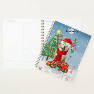 Golden Retriever Dog in Snow with Christmas Gifts Planner