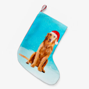 Golden Retriever Dog In Snow with Christmas Hat Small Christmas Stocking