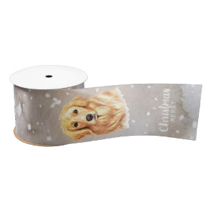Golden retriever dog in snowfall farmhouse style satin ribbon