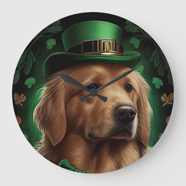 Golden Retriever Dog in St. Patrick's Day Large Clock (Front)