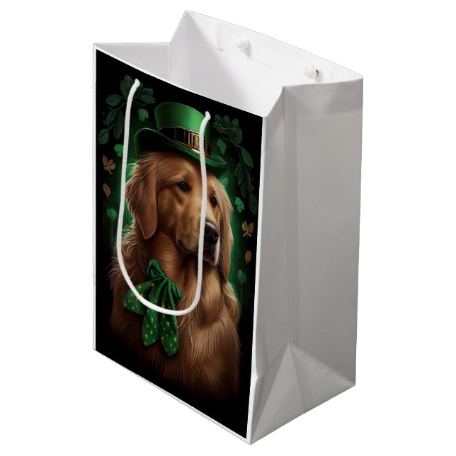 Golden Retriever Dog in St. Patrick's Day Medium Gift Bag (Front Angled)