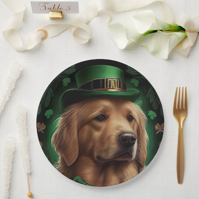 Golden Retriever Dog in St. Patrick's Day Paper Plate (Wedding)