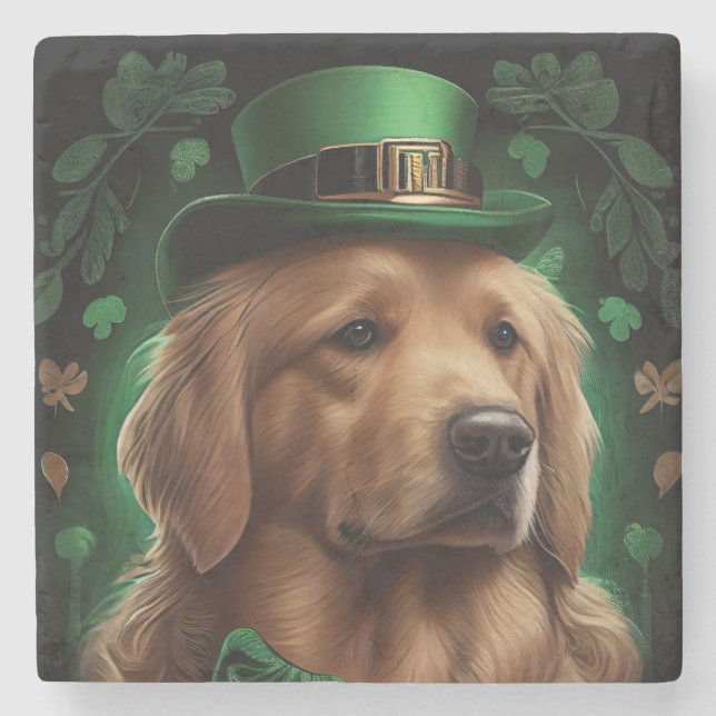 Golden Retriever Dog in St. Patrick's Day Stone Coaster (Front)