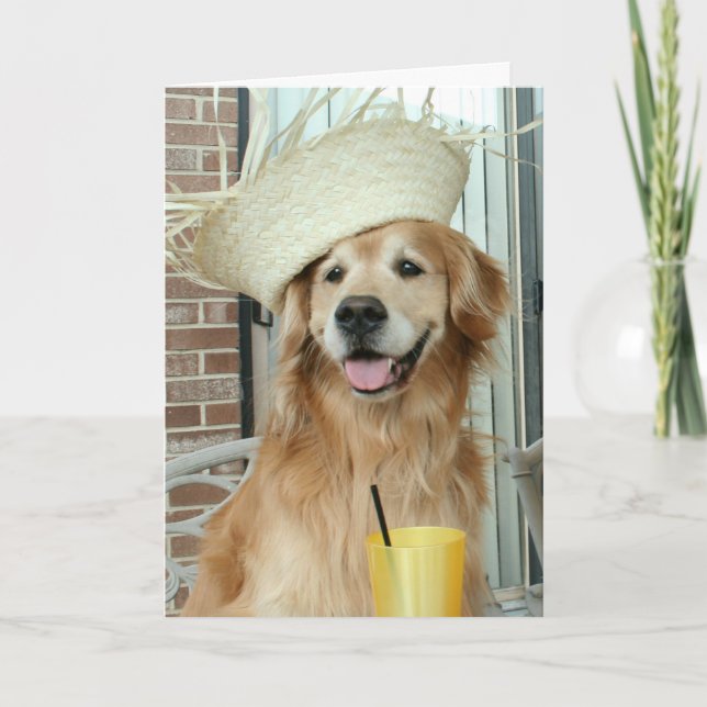 Golden Retriever Dog in Straw Hat Happy Summer Card (Front)