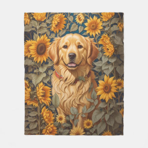 Golden Retriever Dog In Sunflower Field Fleece Blanket