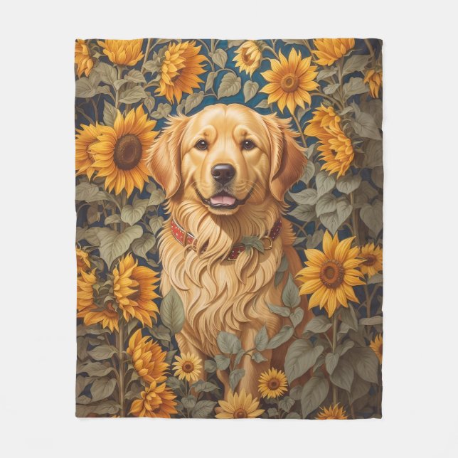 Golden Retriever Dog In Sunflower Field  Fleece Blanket (Front)