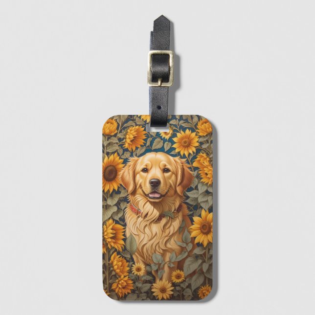 Golden Retriever Dog In Sunflower Field  Luggage Tag (Front Vertical)