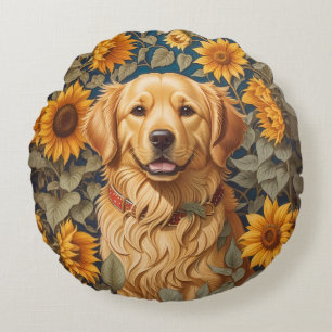 Golden Retriever Dog In Sunflower Field Round Cushion