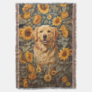 Golden Retriever Dog In Sunflower Field  Throw Blanket