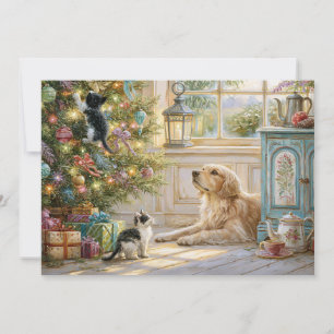 Golden Retriever Dog Kittens Christmas Tree Holiday Card