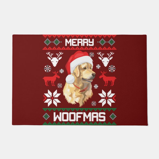 Golden Retriever Dog Merry Woofmas Christmas Sweat Doormat (Front)