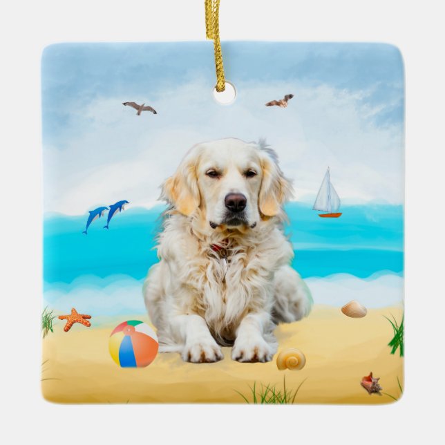 Golden Retriever Dog on Beach Ceramic Ornament (Front)