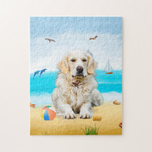 golden retriever dog on beach jigsaw puzzle