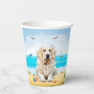Golden Retriever Dog on Beach Paper Cups