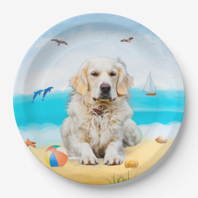 Golden Retriever Dog on Beach Paper Plate (Front)