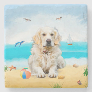 Golden Retriever Dog on Beach Stone Coaster