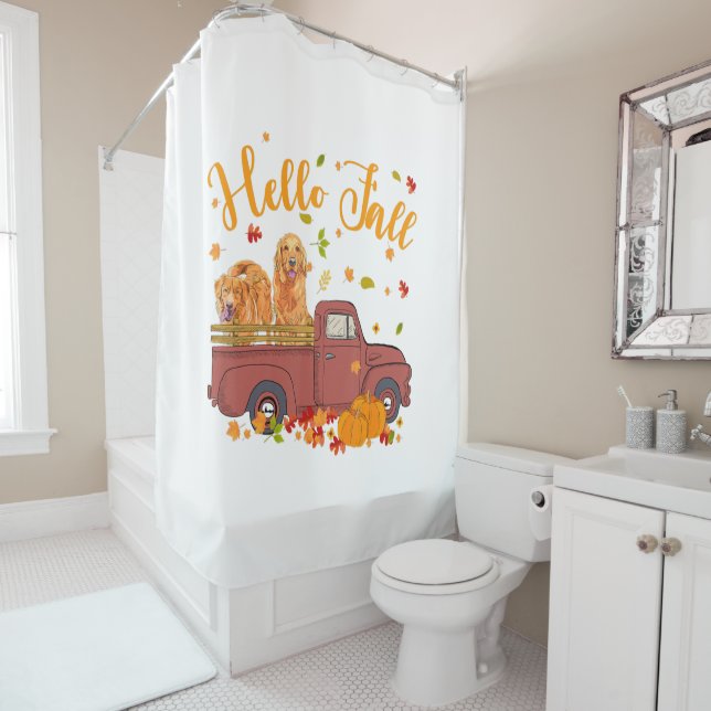 Golden Retriever Dog On Pumpkins Truck Autumn Shower Curtain (In Situ)