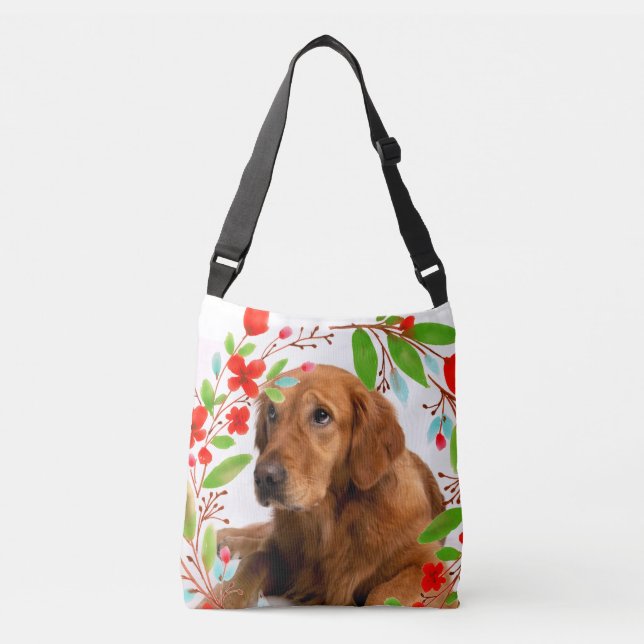 Golden Retriever Dog Photo with Floral Frame Crossbody Bag (Front)