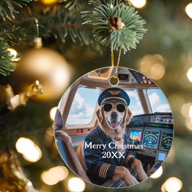 Golden Retriever Dog Pilot Funny Christmas  Ceramic Tree Decoration (Creator Uploaded)