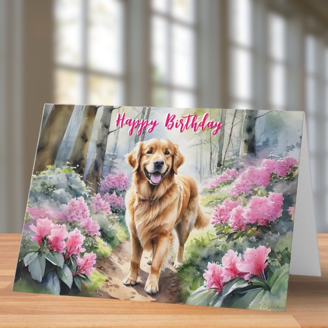 Golden Retriever Dog Pink Flowers Happy Birthday Card (A birthday card with picture of a golden retriever dog by rhododendrons, in a watercolor style)