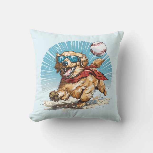Golden Retriever Dog Playing Baseball Cushion (Front)