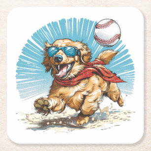 Golden Retriever Dog Playing Baseball Square Paper Coaster