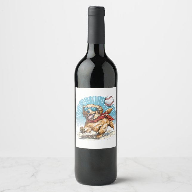Golden Retriever Dog Playing Baseball Wine Label (Front)